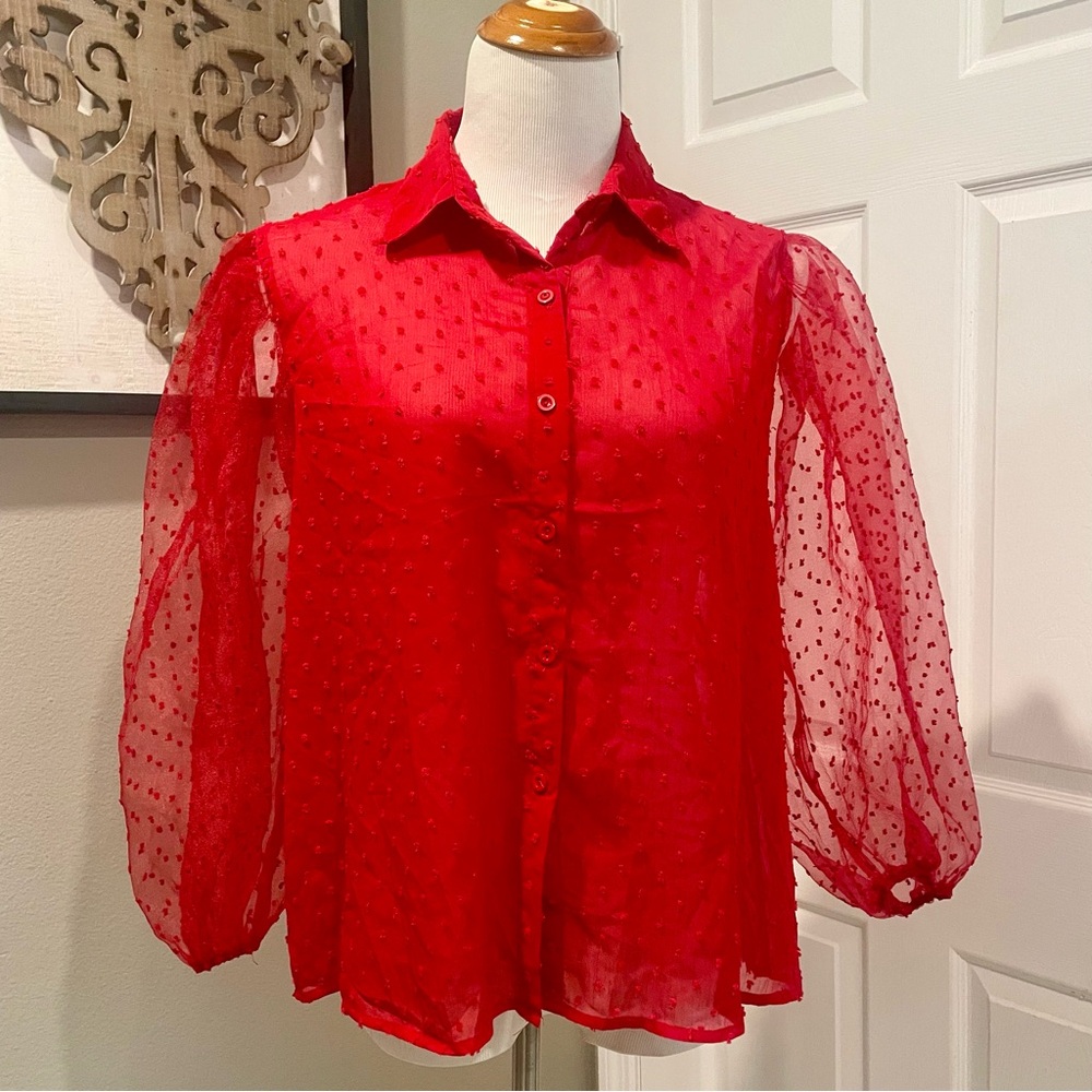 Red Sheer Polka Dot Women's Button Down top Puff Sleeve Holiday Valentine’s Day